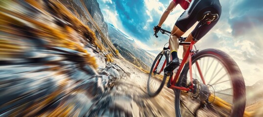 Fototapeta premium Dynamic Cyclist on Rugged Mountain Trail for Sports Brand Promotion