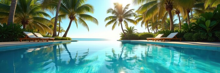 Escape to paradise with this serene poolside view at a tropical resort, perfect for travel brochures, hotel promotions, and relaxation-themed content.
