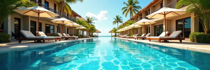 Fototapeta premium A serene resort poolside scene showcasing luxurious loungers and palm trees, perfect for promoting travel, relaxation, and luxury experiences.