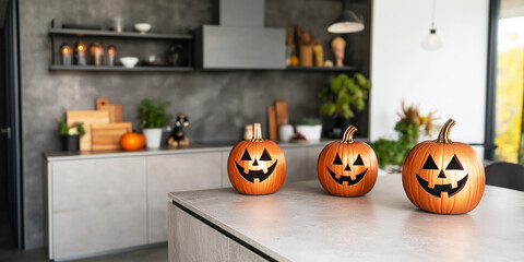 Obraz premium Minimalist kitchen with a jack-o'-lantern centerpiece, creating a stylish Halloween atmosphere