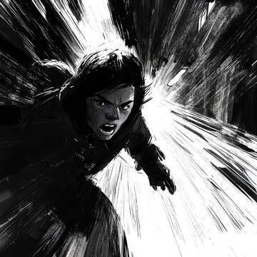 A dynamic close-up, as if from the character's face, who is moving quickly through a dark