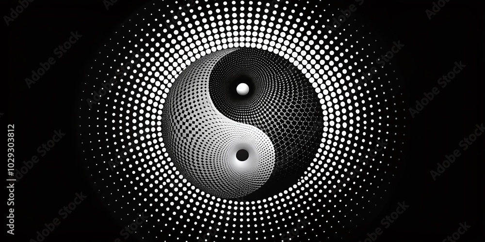 Poster dynamic yin yang circle abstract background with halftone dots in night photography style