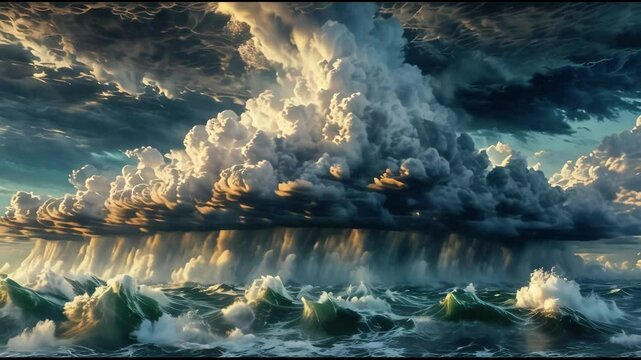 Titel: Golden Rolling Clouds in Heaven concept, Gates of Heaven in the clouds, golden light, god beams, religious scenery of hope and goals, heavenly, light in the dark, paradise in the skie, promised