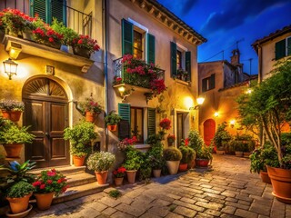 Fototapeta premium Vibrant Mediterranean Night Scene: Italian Architecture Awash in Colorful Sunlight