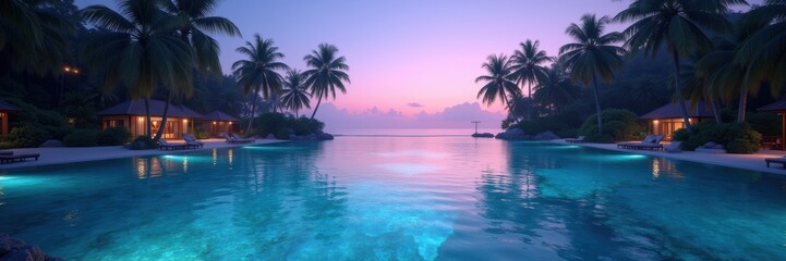 Fototapeta premium Serene resort setting at twilight, featuring a stunning pool surrounded by palm trees and a tranquil ocean view. Perfect for travel, leisure, and hospitality themes.