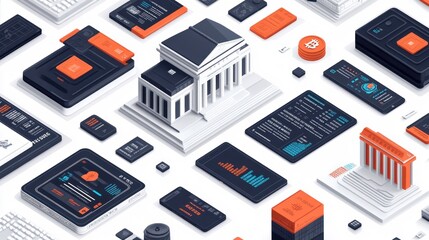 A stylized illustration of financial and technological elements surrounding a bank building.