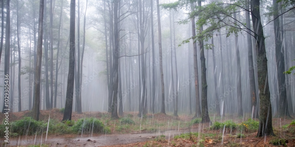 Canvas Prints Misty forest scene with tall trees fading into the fog.