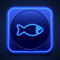 Fish simple icon. Flat design. Blue neon style on button. With shadow