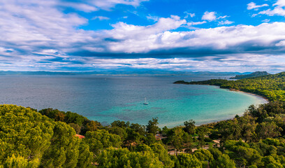 Panoramic view from Porquerolles Island, from Fort Sainte Agathe, in Port Cros National Park, Var, Provence, France