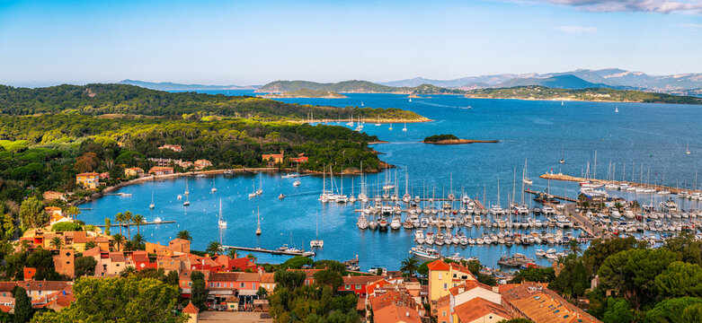 Panoramic view of the port of Porquerolles Island, from Fort Sainte Agathe, in the Port Cros National Park, Var, in Provence, France