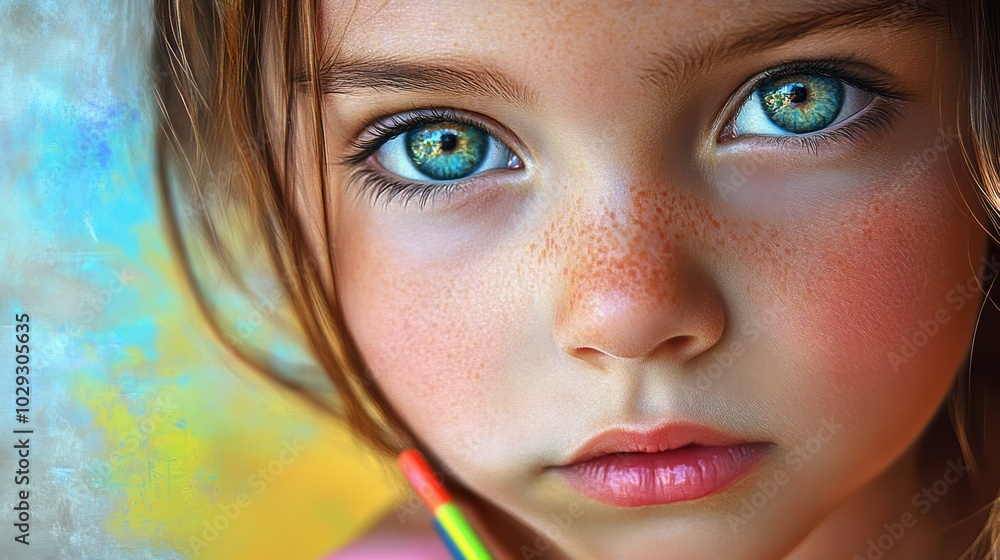 Canvas Prints Close-up Portrait of a Young Girl with Blue Eyes and Freckles