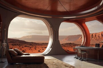 Modern futuristic interior with large windows, desert landscape, and minimalist seating on Mars.