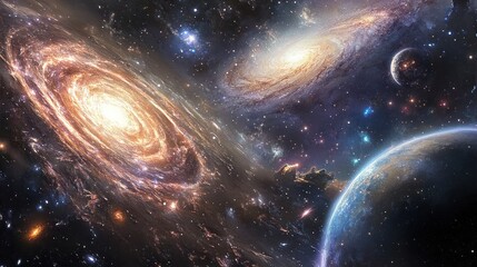A cosmic landscape featuring two spiral galaxies, a planet, and stars.
