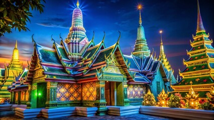 Fototapeta premium Vibrant Night Photography of Wat Phra Kaew's Colorful Wall Decorations