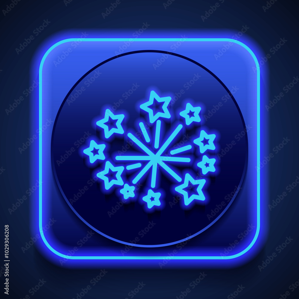 Poster fireworks simple icon vector. flat design. blue neon style on button. with shadow