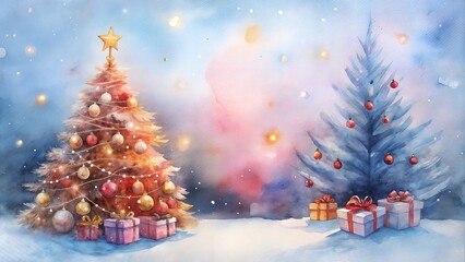Obraz premium Two Christmas Trees with Presents in a Snowy Landscape