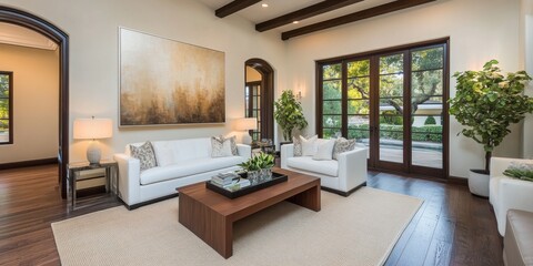 Fototapeta premium A large abstract painting in earthy tones hangs on the wall of an elegant living room with white sofas, a wooden coffee table, and warm lighting.