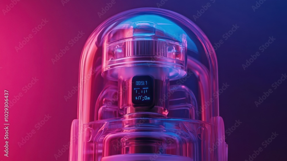 Poster a futuristic device encased in transparent material with glowing lights and a digital display.