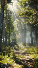 Obraz premium Peaceful forest with sunlight filtering through the trees, 4K hyperrealistic photo