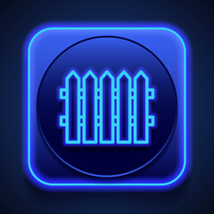 Fence simple icon. Flat design. Blue neon style on button. With shadow