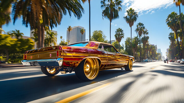 A lowrider with gold rims hydraulics and custom paint bouncing on a sunny boulevard.