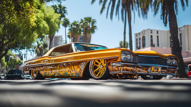 A lowrider with gold rims hydraulics and custom paint bouncing on a sunny boulevard.