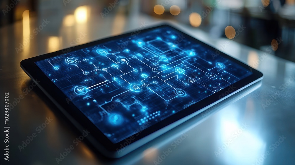 Aufkleber a tablet displaying a futuristic digital circuit design with glowing elements.