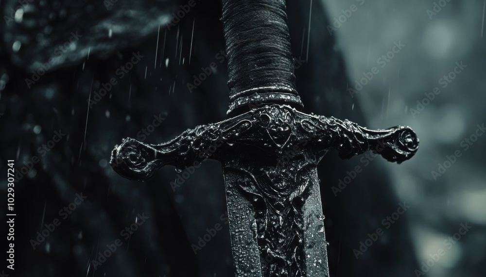 Poster intricately carved sword with water droplets, in the rain against a cloudy sky. the background is da