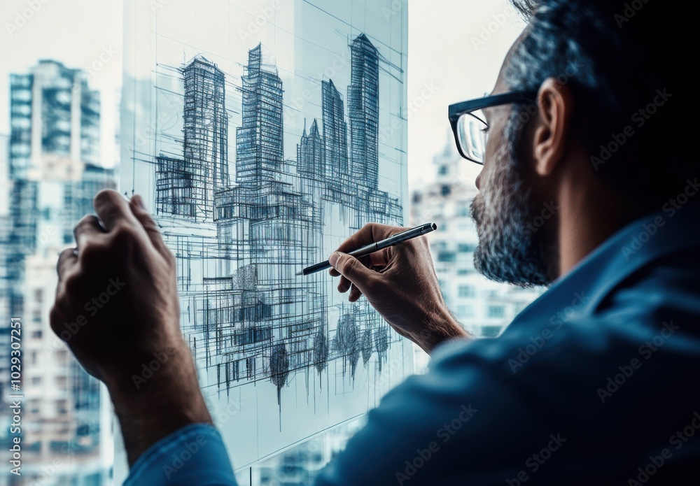 Poster a middle-aged man wearing glasses draws an architectural sketch of high-rise buildings on a glass wa
