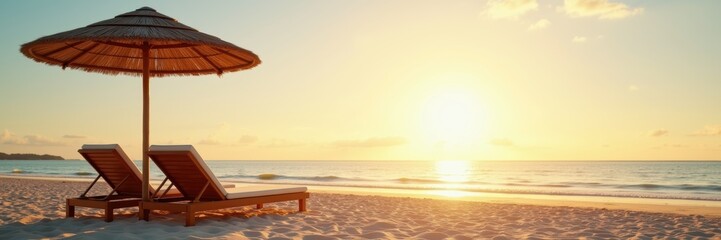 A tranquil beach sunset scene with lounge chairs under an umbrella, perfect for promoting resorts, vacations, and relaxation.
