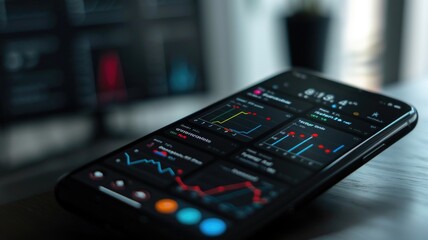 Modern home office with smartphone displaying financial data analytics on couch