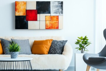 Mid-Century Modern Living Room with Abstract Painting Above Fluffy Sofa