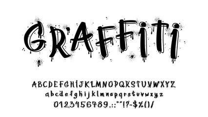 Graffiti font, spray letters font. Black alphabet with dripping paint effect. Vector bold uppercase and lowercase letters, numbers and special characters with street art edgy urban culture aesthetic © Buch&Bee