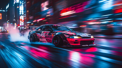 A neon-lit Japanese drift car with custom decals and lowered suspension drifting through a wet street.