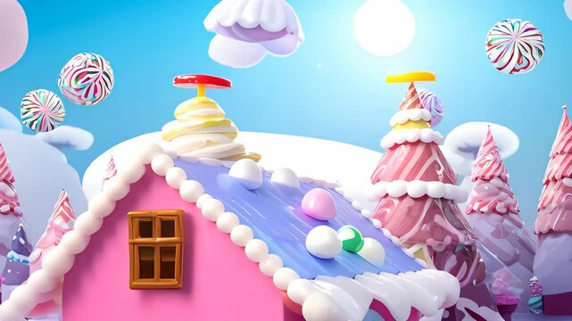 Explore a whimsical candy land with vibrant trees, colorful houses, and towering sweet treats in this delightful animated landscape