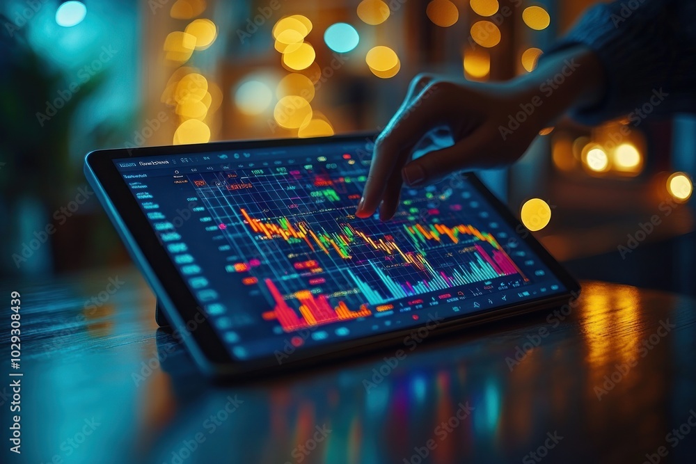 Aufkleber a hand interacting with a colorful data visualization on a tablet, set against soft lights.