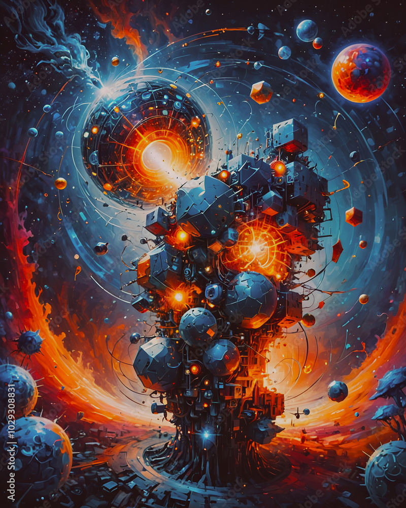 Poster abstract planet in space with planets and stars. cosmic background. 3d rendering