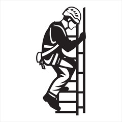 Simple minimalist vector logo of a man in a helmet and harness climbing a ladder, on a white background.