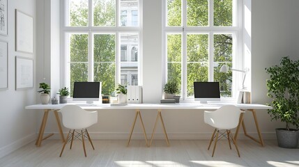 Modern office workspace with two computers beside large windows and greenery, creating a bright and productive environment.