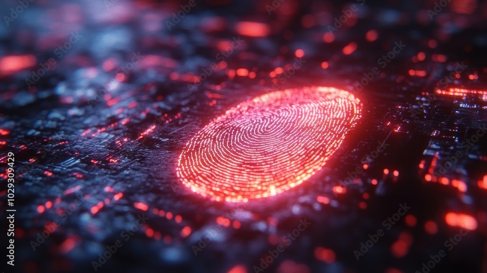 Poster abstract digital fingerprint on a circuit-like background, symbolizing security and technology.