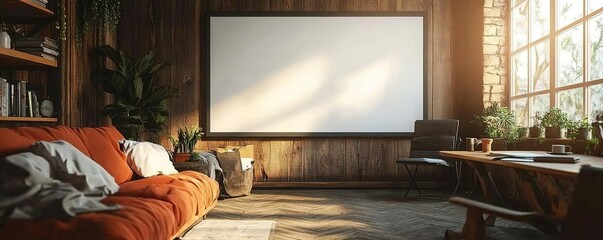 Cozy living room with a large window, wooden accents, and a comfortable sofa, ideal for relaxation and peaceful gatherings.