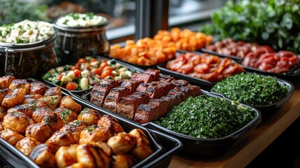 indoor catering buffet featuring an array of grilled meats beautifully presented in a bustling restaurant setting inviting guests to indulge in a culinary feast