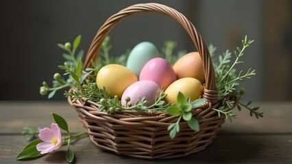  Wicker basket with colorful Easter eggs on grass.