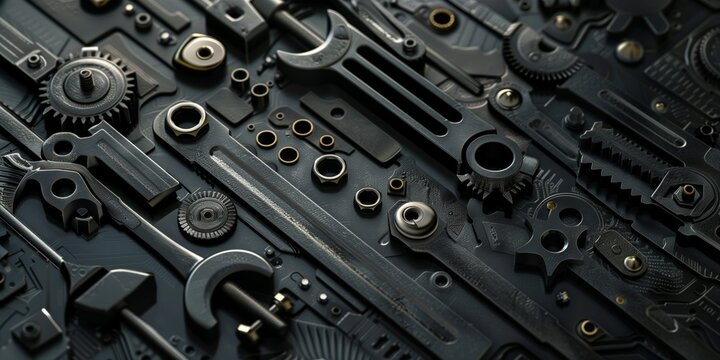 Abstract background with wrenches, nuts, and bolts, gray color, smoth surface, monochrome.