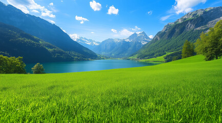 Obraz premium Beautiful colourful landscape of a blue lake in a green valley surrounded by mountains