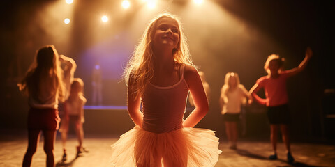 Kindergarten kids participating in themed school play. Cheerful children performing on theater stage in front of their parents. Creative leisure for elementary school students.
