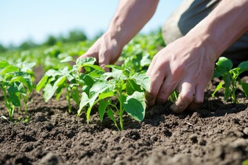 A close-up of a farmer's hands gently planting seeds in rich soil, surrounded by green seedlings sprouting under a clear blue sky, symbolizing growth and sustainability