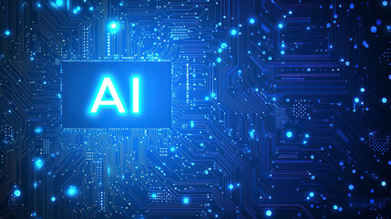 blue circuit board background with text "AI" and a glowing light effect on the chip