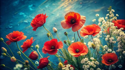 Obraz premium Vibrant Red Poppies and White Flowers on a Blue Background - Vintage Style Photography