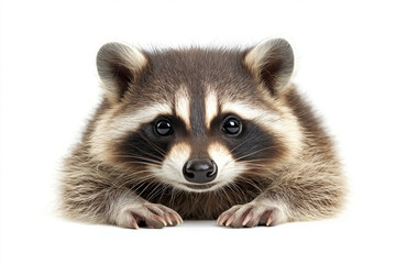 Cute baby raccoon lying on white background with curious expression